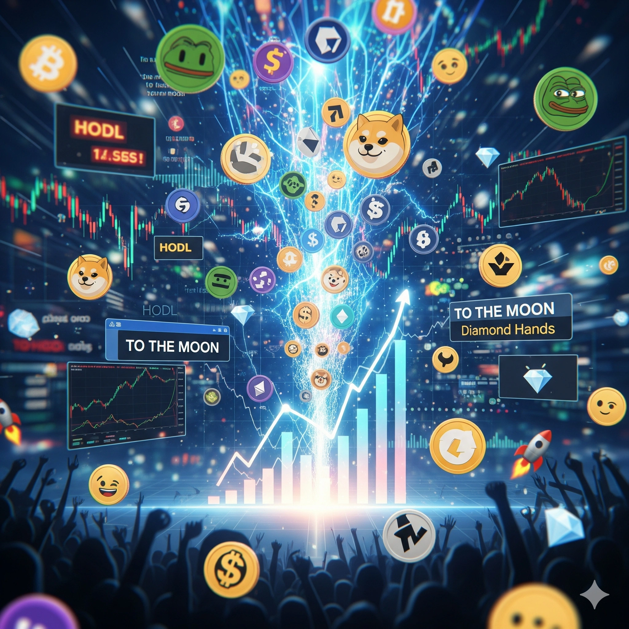 An abstract image representing market euphoria and meme coins.